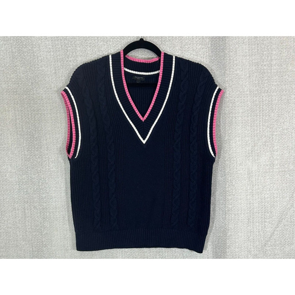 Talbots Sweater Vest Large Petite Blue Pink Tennis Varsity Cable Knit Wool Blend - Picture 1 of 6